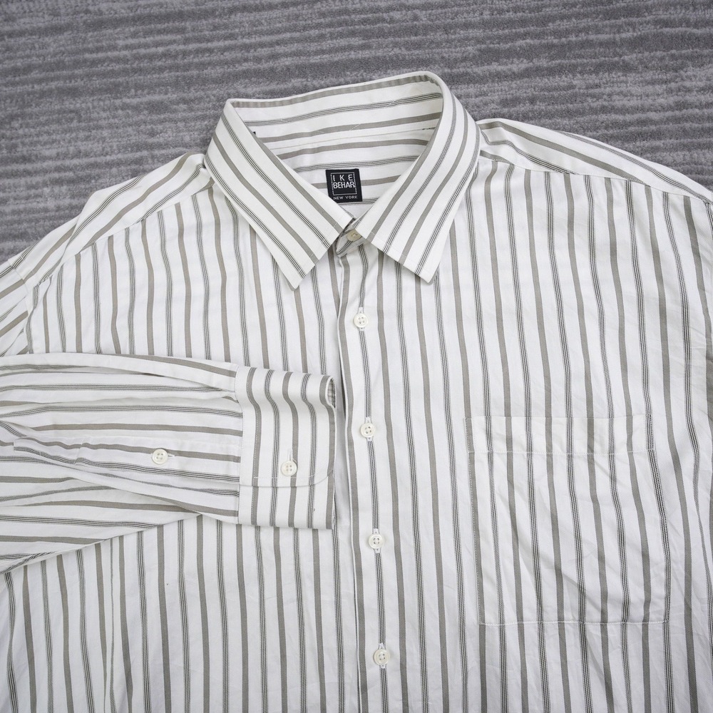 Ike Behar New York Mens 17.5 34 Striped Cotton Dress Shirt Long Sleeve White Tan